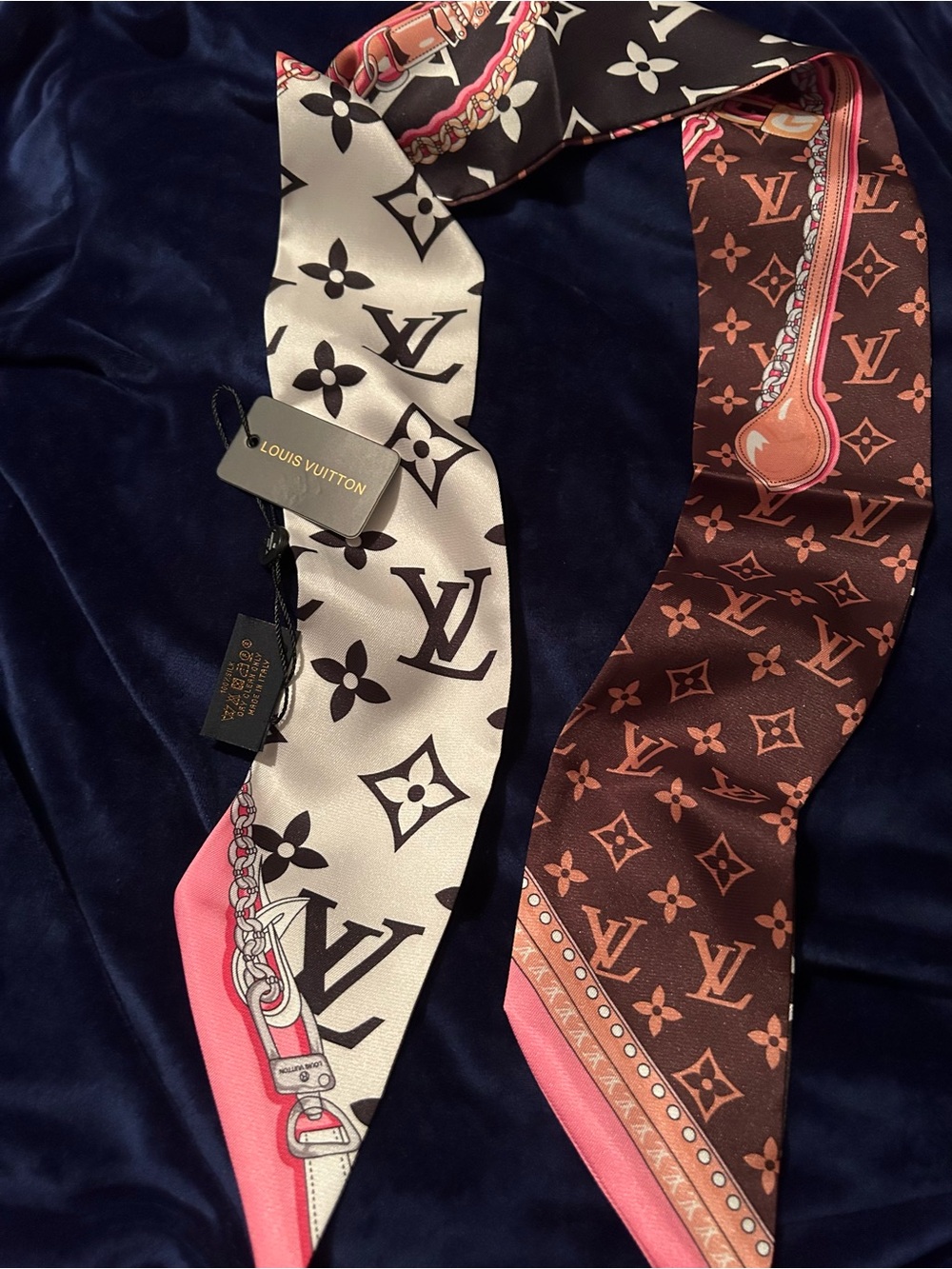 Louis Vuitton Pink & Brown-with peach Monogram 100% Silk Twilly Scarf Stunning!